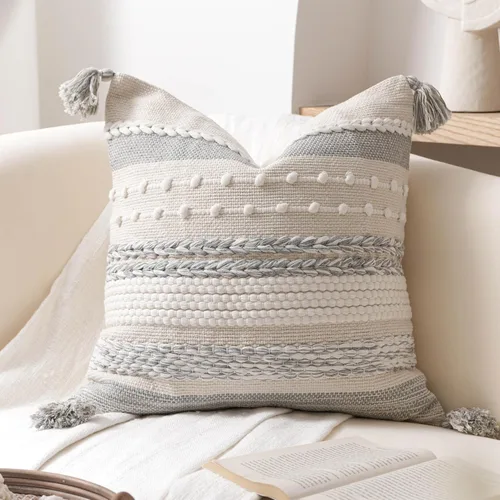 Vista 15 de BlissBlush Funda decorativa para cojín marrón 18x18 cuadrada estilo bohemio con borlas, funda de cojín para sofá, dormitorio, sala de estar