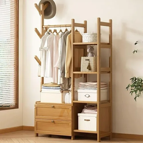Vista 18 de Perchero de madera para colgar ropa con estantes de almacenamiento para entrada, pasillo, sala de estar