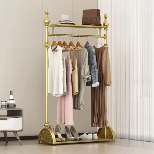Vista 8 de Perchero de ropa dorado, perchero industrial para colgar ropa con estantes dobles independiente, multifuncional, resistente, perchero de metal móvil