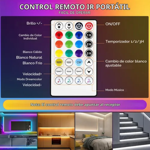 Vista 4 de Tira de luces LED RGBWW+IC de 50 pies con control remoto y aplicación