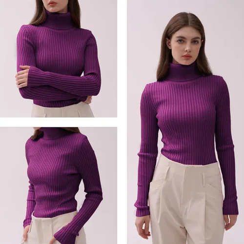 Vista 5 de v28 - Suéteres acanalados con cuello alto falso para mujer, diseño cálido de punto sexy, entallado y moderno sin botones