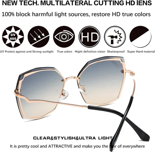Vista 4 de Gafas de sol SNOTIO para mujer diseño poligonal moderno de gran tamaño diseño moderno degradado protección UV400 montura de metal lentes octagonales