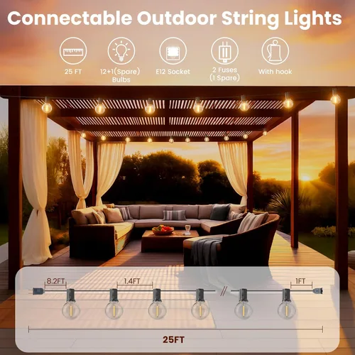 Vista 2 de RTTY Luces de Cadena para Exteriores de 25 pies, Luces Globo LED G40 para Patio con 13 Bombillas de Plástico, Irrompibles Impermeables Conectables