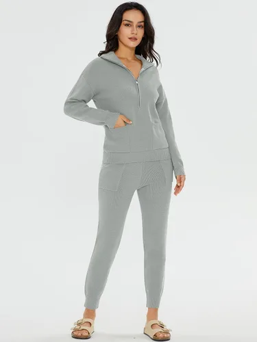 Vista 4 de DEEP SELF Conjunto de dos piezas para mujer, suéter de manga larga, media cremallera, pantalones deportivos con bolsillos