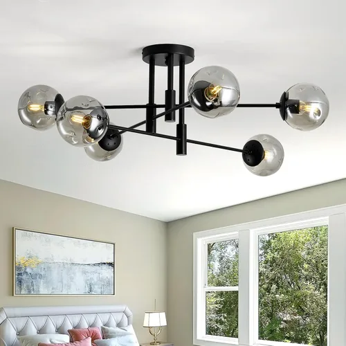 Vista 18 de Lámpara de techo de 1 bombilla de techo con forma de globo de cristal, moderna y semiempotrada de color negro para pasillo, porche, escalera