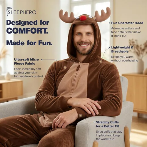 Vista 4 de SLEEPHERO Mono de forro polar para hombre, traje de unión con cremallera completa y capucha, pijama suave de una pieza para adultos Reno divertido