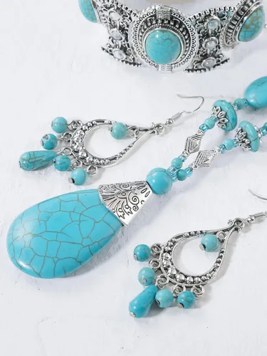 Vista 2 de K Collar bohemio turquesa con cuentas largas para mujer, joyería nativa para mujer, colgante étnico, joyería de estilo nacional, Zinc, No es una