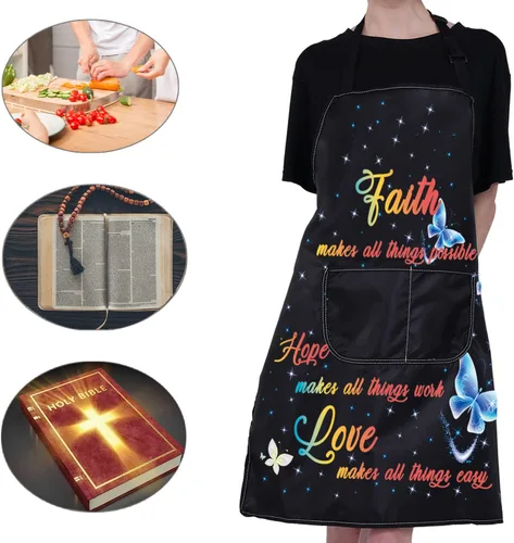 Vista 7 de CMNIM Delantales cristianos para regalo religioso, versículos de la Biblia, delantal de cocina cristiana con bolsillos, delantal de cocina Faith