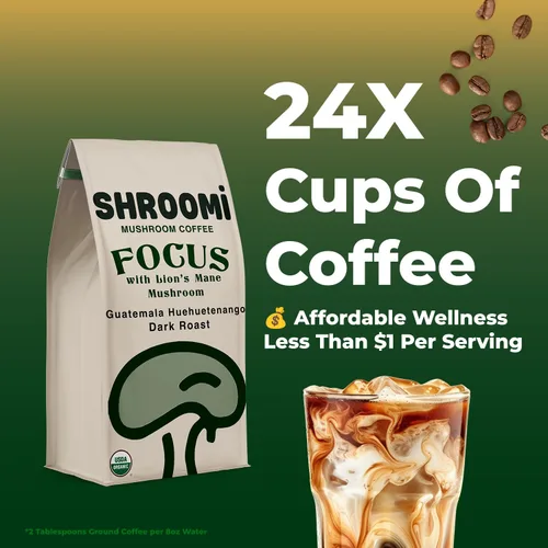 Vista 6 de Café Shroomi Mental Performance Galardonado Tueste Oscuro Orgánico de Comercio Justo de Guatemala 16,000mg de Cuerpos Fructíferos de Hongos