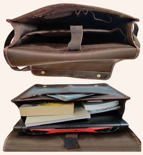 Vista 3 de 15 "bolso de mensajero de cuero de búfalo para computadora portátil, maletín de oficina, regalo para hombres, bolsa de hombro desgastada, Marrón