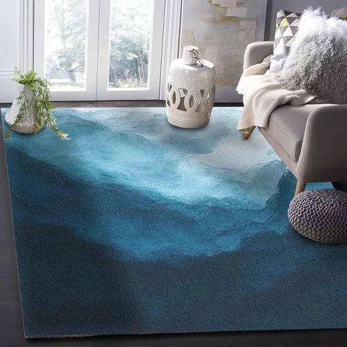 Vista 3 de Alfombra rectangular grande azul costero de 2.7 x 5 pies, para sala de estar, playa, degradado, abstracto, moderno, degradado, ondulado, duradero