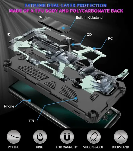 Vista 6 de Funda de teléfono de camuflaje a prueba de caídas de grado militar a prueba de caídas con soporte integrado con protector de pantalla y clip