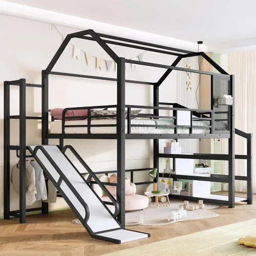 Vista 10 de Bellemave Cama Loft de Metal Tipo Casa Tamaño Twin con Tobogán y Escaleras, Marco de Cama Loft Casa de Juegos de Servicio Pesado con Estantes