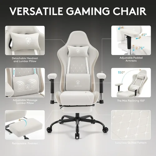 Vista 4 de Silla de juegos de tela transpirable, silla de oficina para computadora con reposapiés, soporte lumbar de masaje y almohadilla de gel, silla