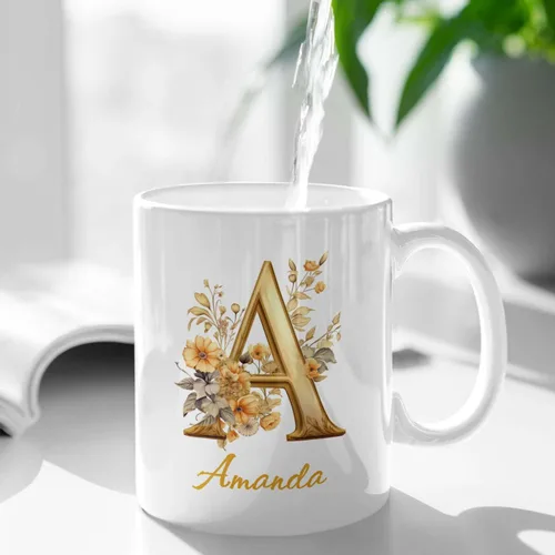 Vista 2 de Taza de cerámica personalizada con letra A del alfabeto, taza de café personalizada con nombre, taza de té inicial con monograma floral