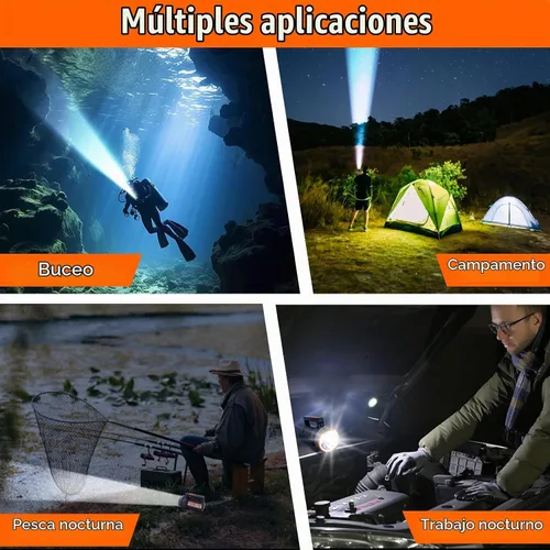 Vista 4 de Linterna de buceo recargable con pantalla de alimentación, IP68 impermeable y sumergible, interruptor doble, 4 modos, reflector LED portátil