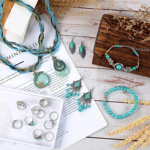 Vista 6 de MTLEE Conjunto de 16 piezas de turquesa bohemia, collar con colgante de turquesa bohemia, aretes colgantes de turquesa, pulsera elástica