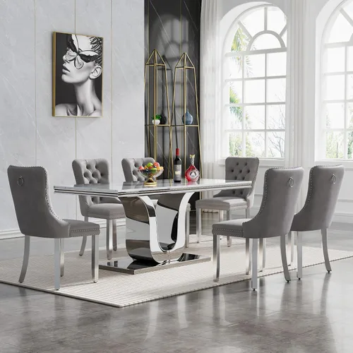 Vista 8 de Juego de 4 mesas de comedor blancas y doradas, mesa de cocina rectangular de 68 pulgadas con parte superior de mármol sintético blanco, mesa de Mesa
