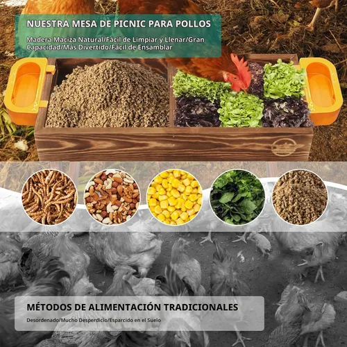 Vista 2 de Mesa de picnic de pollo, comedero de pollo sin desperdicios hecho a mano de madera carbonizada, kit grande de comedero de pollo para bricolaje