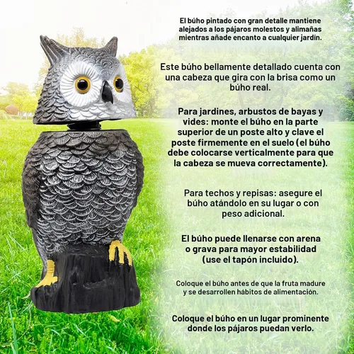 Vista 8 de Señuelo de búho para asustar a los pájaros Espantapájaros falso búho con cabeza giratoria, 15 pulgadas