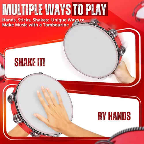 Vista 6 de Flexzion Pandereta de madera de mano para adultos de 6 pulgadas, doble fila de 8 pares de jingles (rojo) - Instrumento musical de pandereta redonda