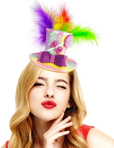 Vista 2 de Sweet Mini Top Hat Lollipop Diadema con plumas Disfraz de sombrero loco Accesorio de disfraz de caramelo para Mardi Gras, Halloween, fiesta de té