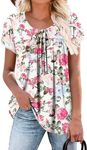 Vista 8 de BETTE BOUTIK Blusas de verano para mujer, plisadas, de manga corta, con cordón, cuello redondo, tallas S-3XL