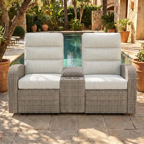 Vista 18 de LayinSun Sillón reclinable giratorio de mimbre de gran tamaño con respaldo ajustable y reposapiés, sillón reclinable para patio Gris