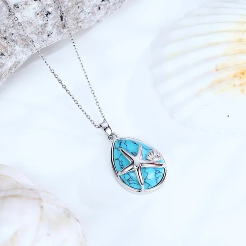 Vista 3 de YEESIA Collar de estrella de mar de plata de ley 925 con turquesa, collar de lágrima de conchas oceánicas, turquesa, estrella de mar del océano
