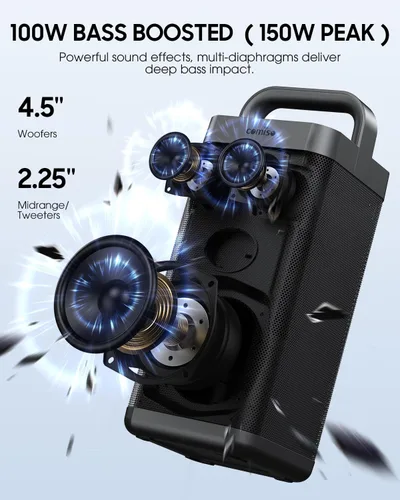 Vista 2 de COMISO Altavoz Bluetooth portátil con graves profundos, 150W de potencia máxima, altavoz impermeable IPX6 para exteriores con 12 horas