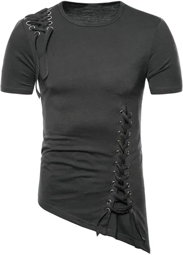 Vista 2 de Ozmmyan Camiseta de verano de manga corta para hombre, con cordones, estilo hip-hop, estilo gótico, ajustado, dobladillo irregular, blusa casual