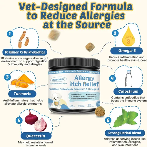Vista 2 de ZEBORA Masticables para alergias para perros, apoyan las alergias estacionales y el alivio de la picazón, probióticos + omega-3 + calostro