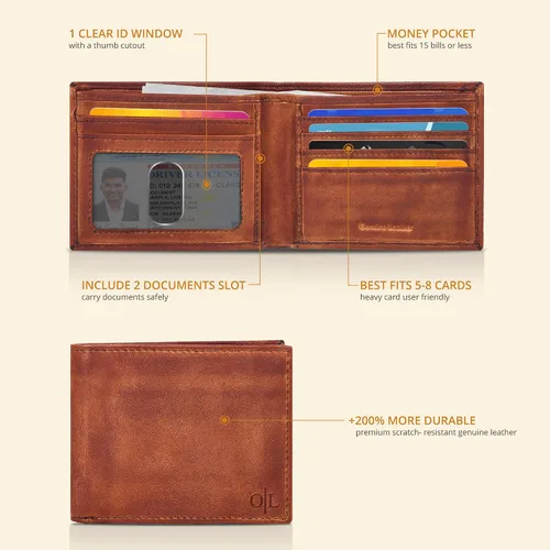 Vista 28 de Cartera delgada de cuero para hombre, bloqueo RFID, bolsillo frontal minimalista, delgada y elegante con ventana de identificación, regalo