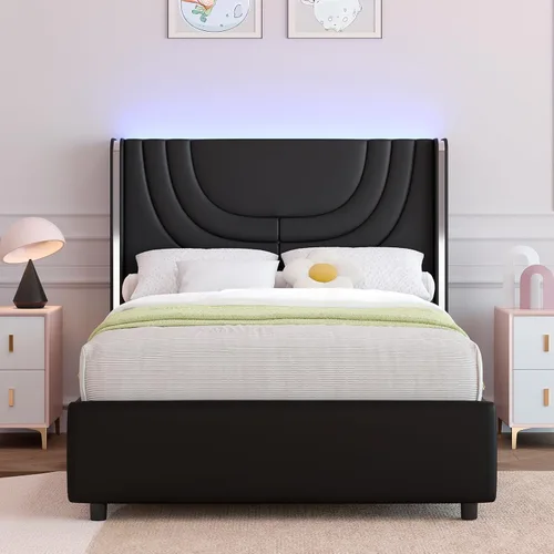 Vista 7 de REVOMINCA Base de cama individual con luces LED, plataforma tapizada de piel sintética con cabecera de ala plateada, estilo moderno, no necesita
