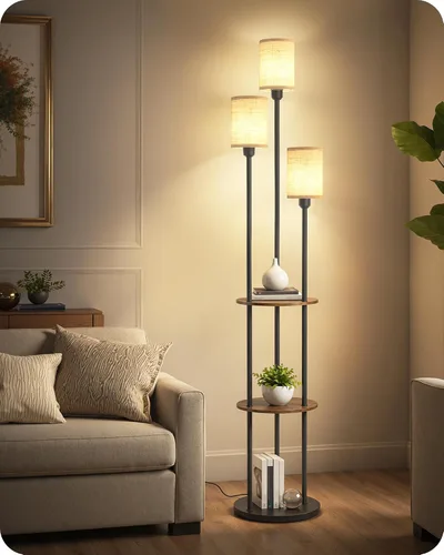Vista 10 de Lámpara de pie con estantes, moderna lámpara de pie con 3 pantallas de lino e interruptor de pie, lámpara de pie de 3 luces, para sala de estar