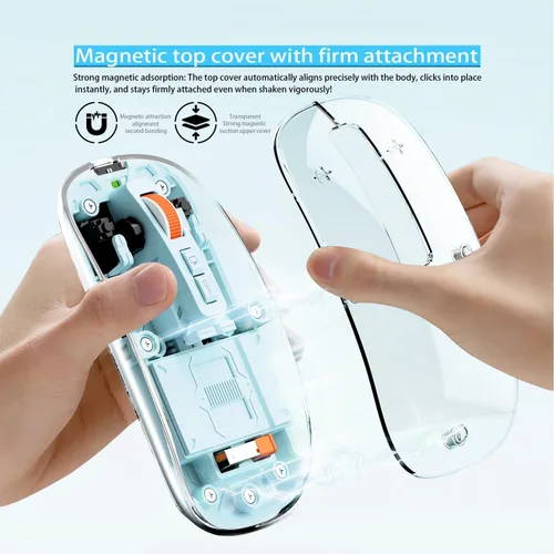 Vista 3 de FMOUSE Ratón Inalámbrico Moderno Transparente y Delgado - Diseño de Cáscara Magnética, 3 Modos (Bluetooth Dual + USB), Recargable, Escritorio de Un