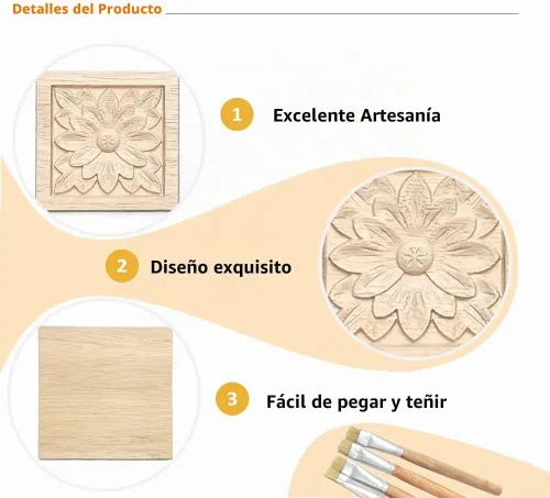 Vista 2 de 10 piezas decorativas de madera tallada con flores onlays, 2.4 x 2.4 pulgadas sin pintar, calcomanía cuadrada de madera maciza sin pintar