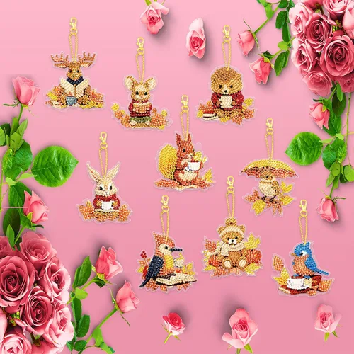 Vista 5 de YUE ZHE 9 llaveros de pintura de diamantes de animales, kits de arte de diamantes de animales para adultos, pintura 5D de doble cara para adultos