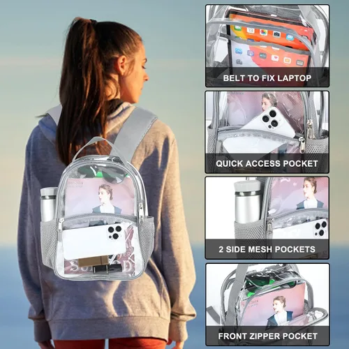 Vista 4 de Mochila de plástico transparente aprobada para estadios, perfecta para el trabajo, escuela, viajes, Gris, Compacto