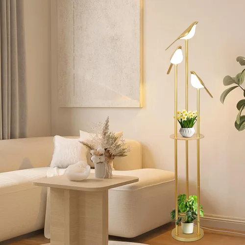 Vista 9 de Lámparas de pie doradas para sala de estar, lámpara de pie moderna con estantes, lámpara de pie de mediados de siglo con 3 luces LED de pájaro