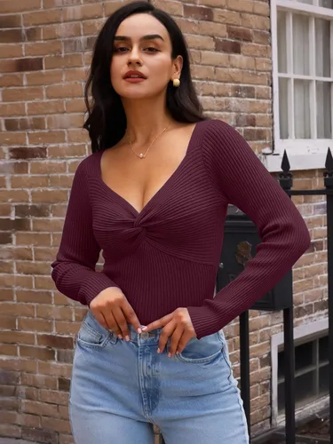 Vista 8 de LILLUSORY Ropa de otoño con nudo torcido 2025 para mujer, trajes de moda con parte superior acanalada de manga larga