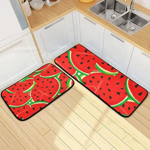 Vista 17 de Juego de 2 tapetes de cocina con rosas rojas, color rojo rosa, suave, antifatiga, juego de tapetes de cocina color negro con flores antideslizantes