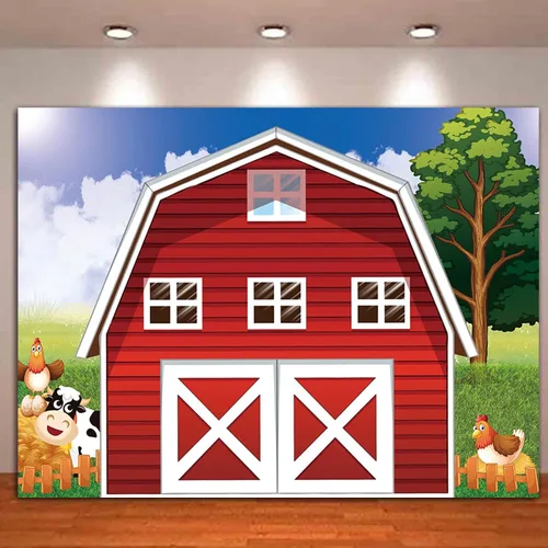 Vista 5 de Fondo de fotografía de granja de animales de dibujos animados de 7 x 5 pies, fondo de fotos de granja rústico rojo para baby shower, recién nacidos