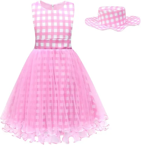 Vista 2 de IWEMEK Vestido de cuadros rosa de los años 50 para niñas, vestido a cuadros rosa con sombrero y lazo para el pelo a cuadros, 3 piezas, disfraz
