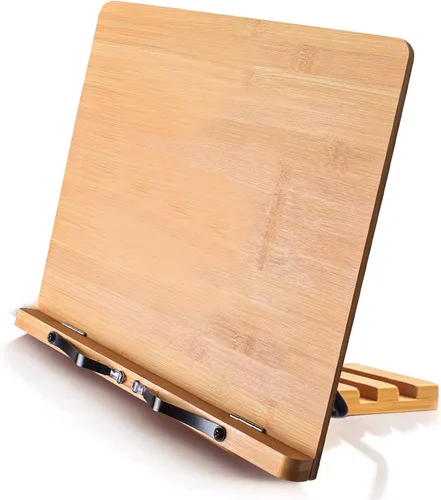 Vista 11 de wishacc Soporte de libros de bambú, bandeja ajustable para libros y clips de papel para páginas - Escritorio de lectura para libros de cocina