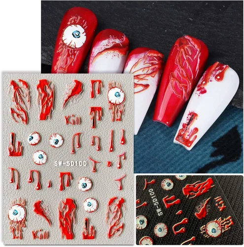 Vista 4 de Calcomanías de uñas de Halloween con diseños atractivos, 5D en relieve autoadhesivas, calcomanías de arte de uñas de Halloween, calavera, fantasma