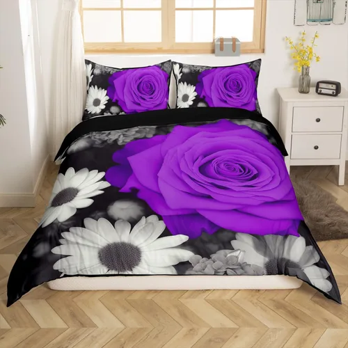 Vista 10 de Juego de funda de edredón de rosa roja, tamaño matrimonial, juego de ropa de cama floral color rojo degradado y negro para niñas, mujeres, niños