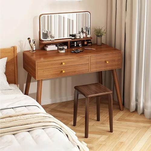 Vista 9 de Tocador con espejo de luces, escritorio de maquillaje de madera con taburete acolchado, moderno escritorio de tocador para dormitorio con taburete