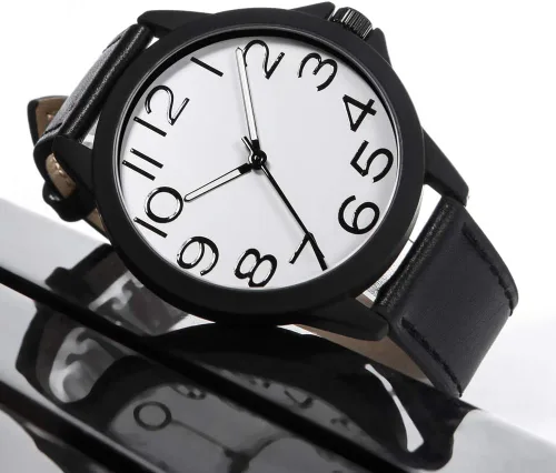 Vista 2 de NUOVO Reloj de cuarzo para hombre con correa de cuero, números árabes clásicos, blanco, vestido, estilo simple de moda