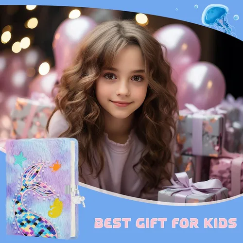 Vista 7 de homicozy Diario de sirena para niñas con cerradura y llaves, diario esponjoso tie-dye para niños con 160 páginas rayadas, cuaderno secreto mullido